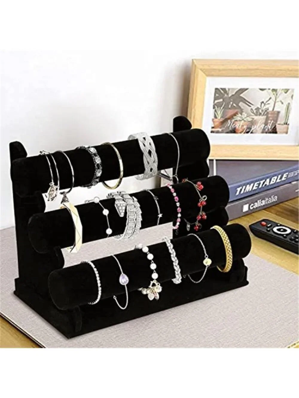 Velvet Bracelet Holder with 3 Tier Rack, Black Detachable Jewelry Display Stand
